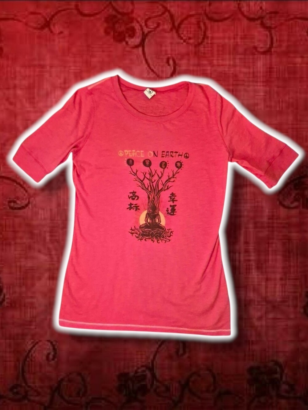 Y2K Vintage Boho Lucky Brand Buddha Orange Half Sleeve T Shirt Size L Whimsical